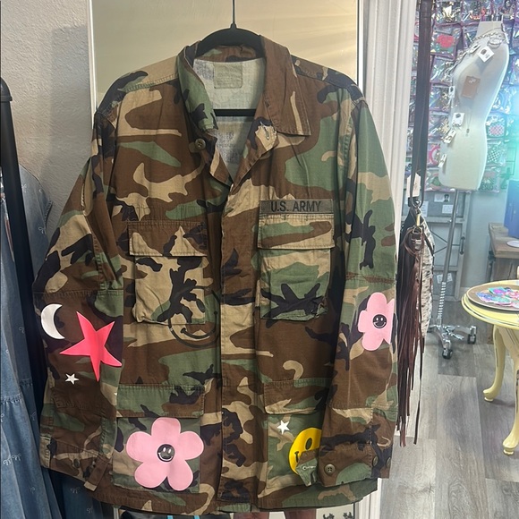 Handmade Jackets & Blazers - Green and Pink Camouflage Jacket with Floral Accents
